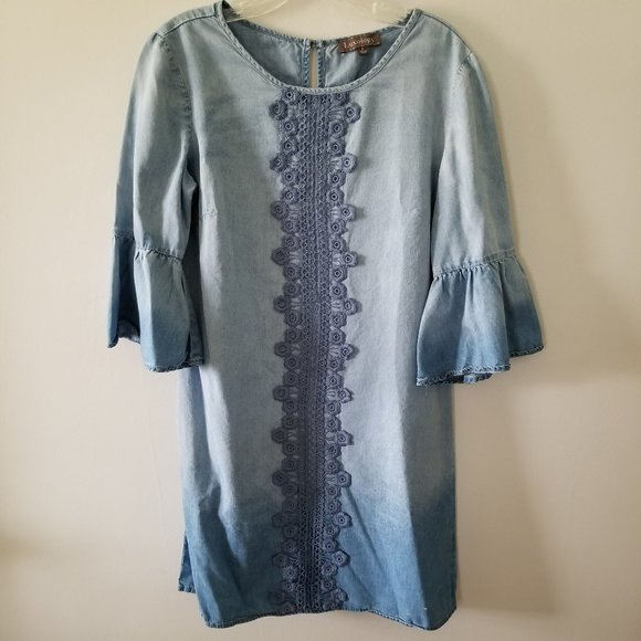 luxology denim dress LUXOLOGY~ WOMEN'S PALE BLUE DENIM DRESS 3/4 SLEEVE V-NECK POCKETS SIZE 8 Retro